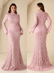 Coutiva Plus Size Women's Elegant Ruched Waist Stand Collar Evening Dress - Pink - View 3