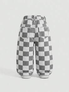 Elladie kids Denimly 女嬰休閒戶外學院風百搭牛仔長褲，鬆緊腰頭，格紋圖案水洗牛仔 - 灰色 - 查看 2