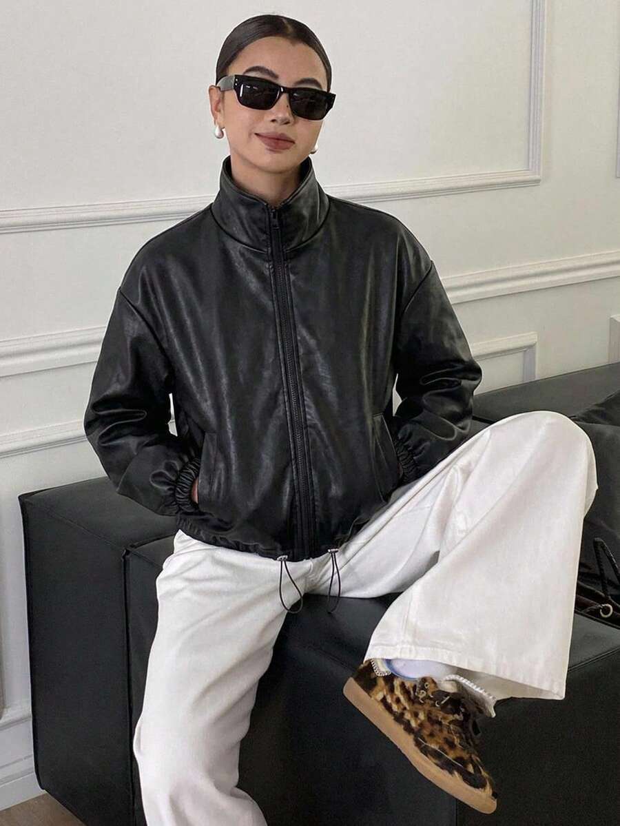 Dazy-Less 女款寬鬆休閒街頭戶外機車夾克,黑色PU皮革翻領上衣,秋冬款 - 黑色 - 查看 1