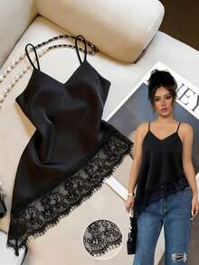 Franclia Elegant Casual V-Neck Lace Patchwork Asymmetrical Hem Camisole Top, Versatile For Summer Home Party - Black - View 2