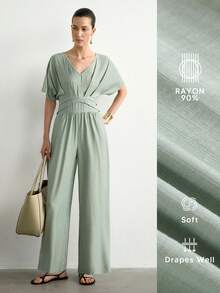 Aalyst Sage Green Linen Relaxed Elegant, Suitable For Workplace Brunch And Daily Wear Crossover Waist Wide Leg Jumpsuit, Luxurious Skin-Friendly Pants Summer - Green - View 2