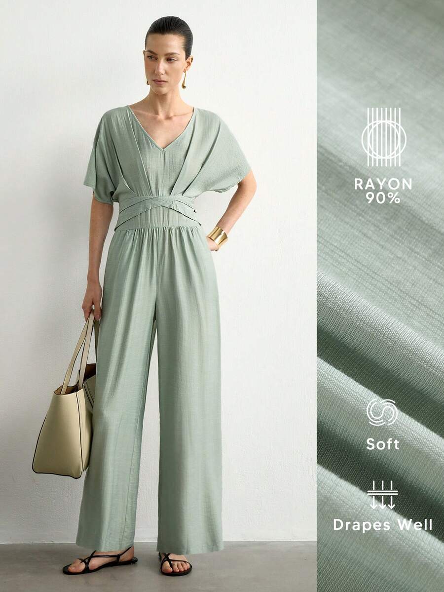 Aalyst Sage Green Linen Relaxed Elegant, Suitable For Workplace Brunch And Daily Wear Crossover Waist Wide Leg Jumpsuit, Luxurious Skin-Friendly Pants Summer