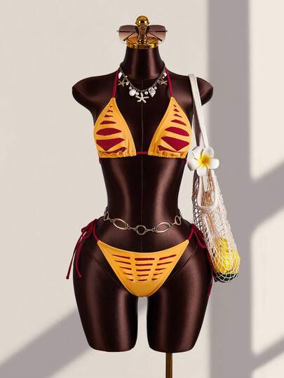 Zestiva Summerbeach Women's Colorblock Halter Top And Bottom Bikini Set