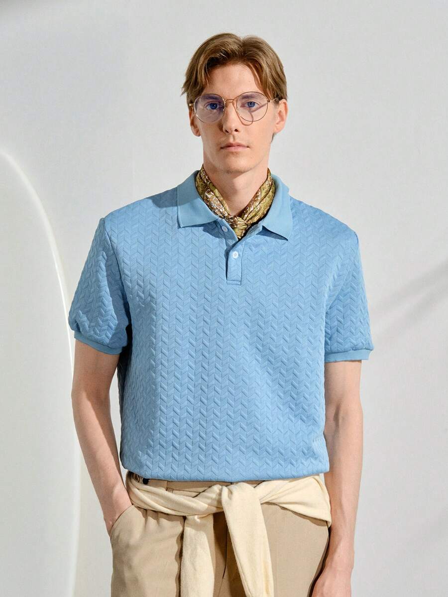 VeloEdit Herren Einfarbiges Lässig Vielseitiges Pendler Kurzarm Poloshirt - Babyblau - Übersicht 1
