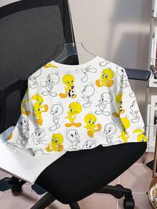 LOONEY TUNES X SHEIN Women's Round Neck Short Sleeve Cropped T-Shirt Holiday Everyday White Summer Casual Cute - White - View 2