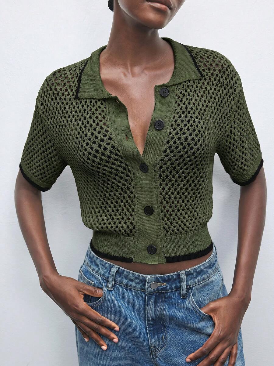 Maija Women's Solid Color Hollow Out Casual Versatile Daily Wear Cardigan - Army Green - View 1
