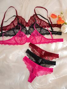 SHEIN 女款蕾絲鋼圈薄罩杯舒適內衣套裝（6套組） - 彩色 - 查看 3