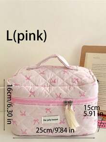 1pc Pink Ribbon Pattern Cosmetic Pouch – Fashionable Travel Organizer For Girls, Large Capacity Multi-Function Storage For Lipstick, Period Products, Coins, Keys, Hair Clips, Hair Ties, Cute Portable Makeup Bag - Pink - View 8
