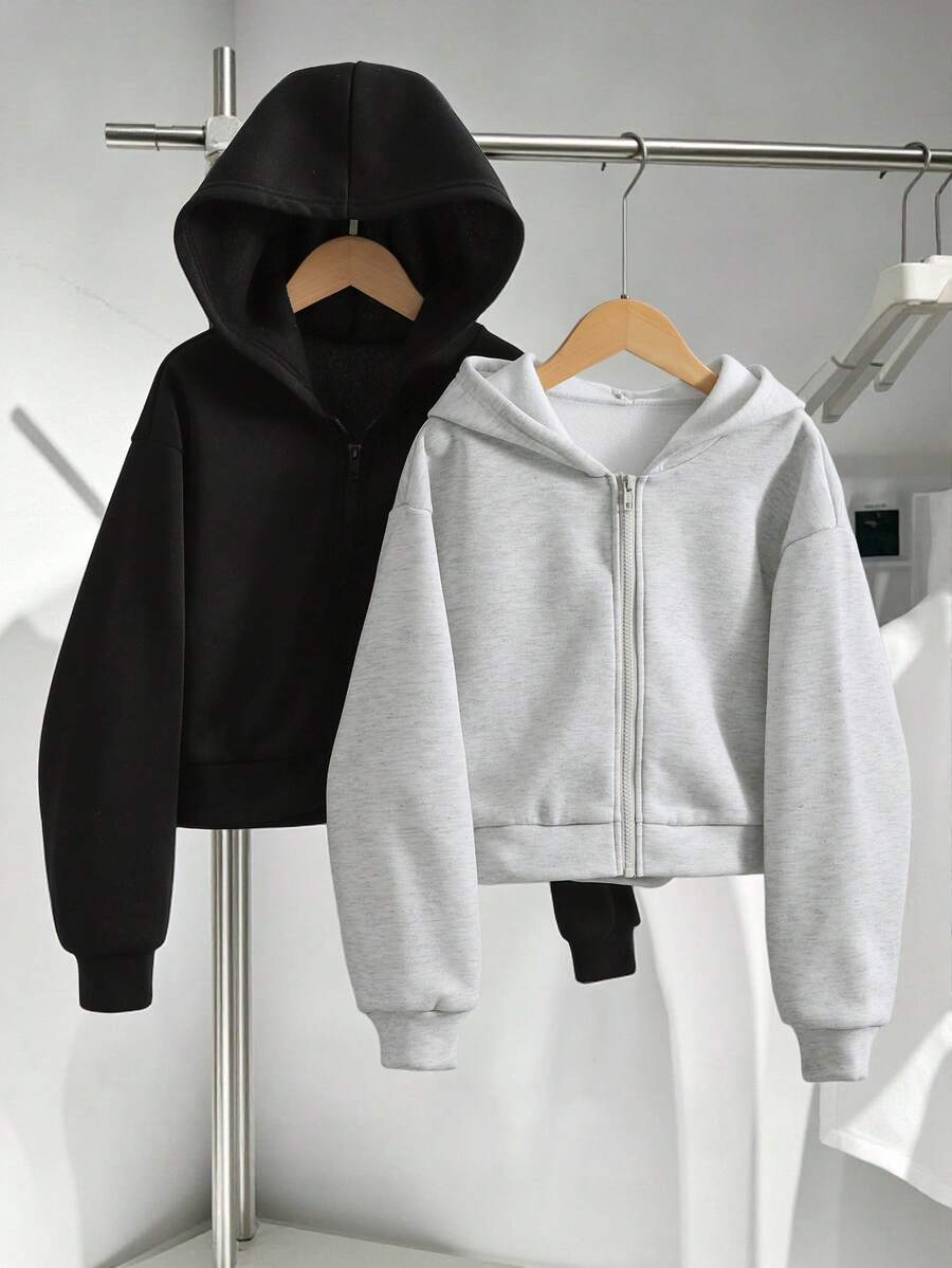 SHEIN 青少年女孩黑色淺灰色長袖純色時尚蝴蝶結拉鍊外套 秋冬舒適加厚抓絨內裡校園寬鬆款