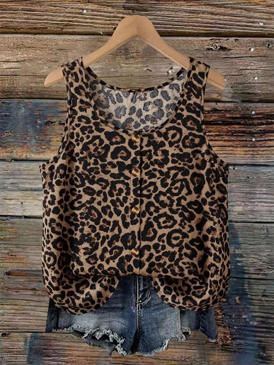 Freevana Top de tirantes de talla grande con estampado de leopardo y abotonadura sencilla - Multicolor - Ver 1