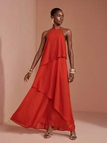 JIAN LASALA Chiffon Halter Neck Sleeveless Overlapped Ruffle Hem Long Dress Party Elegant Vacation - Orange - View 3