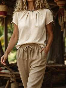 EMERY ROSE Kemeja Pullover Wanita Kasual Musim Semi Aprikot Musim Panas Pas Badan Nyaman Elegan - Khaki - View 3