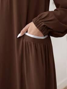 Al Najma Women Spring Autumn Elegant Modest Casual Brown Stand Collar Front Zipper Pocket Lantern Sleeve Flare Hem Big Swing Dress - Coffee Brown - View 4