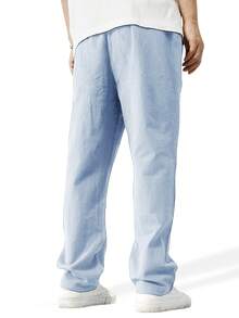 Manfinity Homme Pantalones rectos de unicolor con cordón en la cintura para hombres, otoño - Celeste - Ver 2