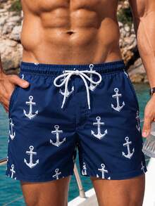 Manfinity Swimmode 夏季男士锚图案抽绳腰带口袋沙滩短裤，假日 - 藏蓝色 - 查看 4