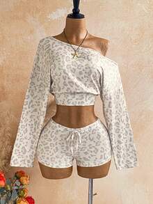 Soleia Women's Leopard Print Asymmetrical Shoulder Long Sleeve Top And Shorts Casual Daily 2-Piece Set - Multicolor - View 3