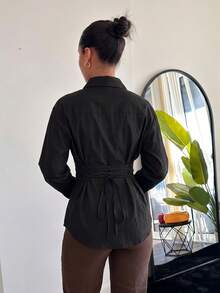 leahseptember Women's Black Autumn Elegant Button Front Tie Back Waist Cinched Chic Shirt,Seksi Chic Night Out Tops,Spring Break Commuting Back To School Casual - Black - View 6