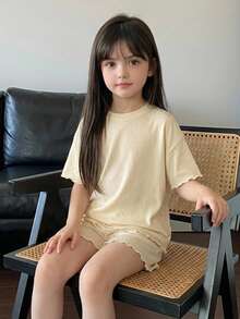 Hapijoa Crew Neck Pullover T-Shirt And Shorts Set For Young Girls, Spring/Summer Home Wear - Yellow - View 3