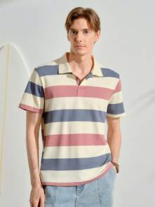 VeloEdit 男士短袖條紋紋理 Polo 衫，夏季休閒高爾夫球衫，老錢風復古街頭風，適合辦公室與戶外穿著 - 粉色 - 查看 4