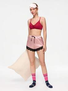 Bonmuse 1pc Women's Casual Wireless Lace Bra With Adjustable Straps, Sexy & Breathable - Red - View 9