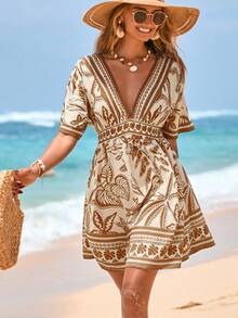 Swim Vcay Women's V-Neck Waist Cinched Short Sleeve Printed Dress, Beach Cover-Up For Spring/Summer Vacation - Khaki - View 6