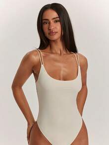 SHEIN BAE Women's Solid Beige Casual Minimalist Basic Modest Halter Neck Backless Sexy Spaghetti Strap Bodysuit, Summer Everyday Homewear - White - View 5
