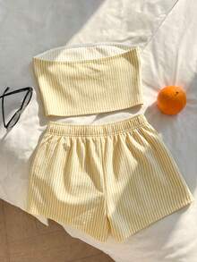 SHEIN EZwear 休閒簡約優雅通勤百搭保暖，奶油黃女款通勤套裝、海灘裝、度假裝、夏季女裝，抹胸上衣與短褲兩件套 - 彩色 - 查看 2
