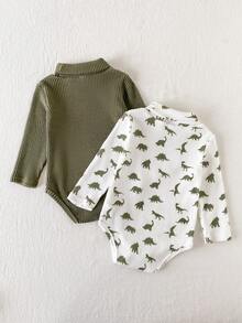 SHEIN Playful Pals 男嬰休閒百搭高領羅紋紋理面料長袖多件式連身衣套裝 秋冬款 - 綠色 - 查看 2