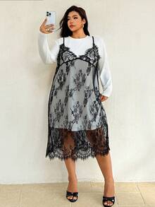 Auralis Autumn Elegant Black Lace Camisole Dress Eyelash-Trimmed Placement White Loose-Fit Long-Sleeve Crew-Neck T-Shirt Birthday Date Night Morning - Black and White - View 8