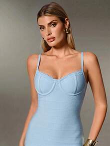 Nuvra Light Blue Lace Spaghetti Strap Bandage Mini Dress For Date Night Out Club Party Summer Sexy - Baby Blue - View 3