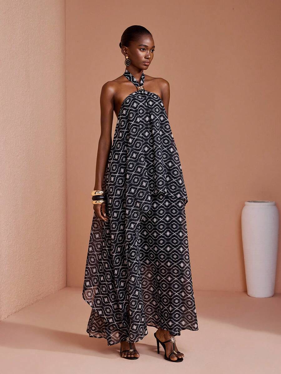 JIAN LASALA Gaun Maxi Wanita Motif Cetak Seluruh Permukaan dengan Tali Leher untuk Liburan Musim Panas Gaya Boho Elegan - MultiWarna - View 1