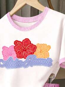 青少年女孩休閒復古拼接刺繡寬鬆圓領短袖T恤與寬鬆短褲2件套，適合春夏日常穿著、外出，甜美風格 - 彩色 - 查看 5