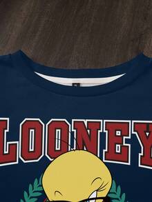 LOONEY TUNES X SHEIN Sudadera de cuello redondo con estampado de dibujos animados & letras para tallas grandes - Blanco - Ver 3