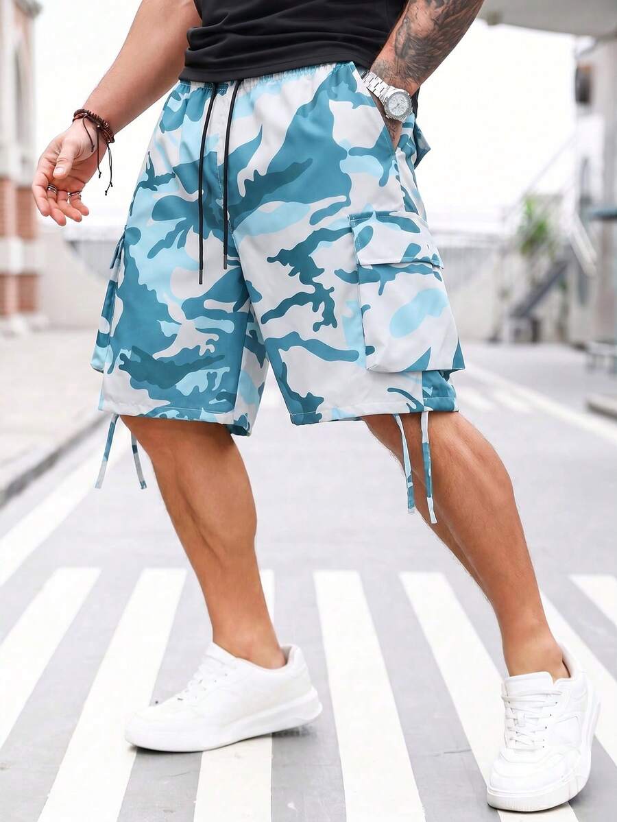 Manfinity Roughcore Plus Size Men's Casual Fashionable Street Camo Print Drawstring Waist Flap Pocket Cargo Shorts, Suitable For Daily Commute In Summer - Multicolor - View 1