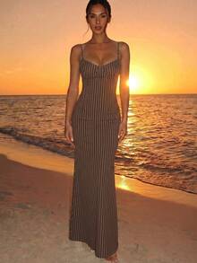 Aloruh Spring/Summer Brown Striped Print Vacation Spaghetti Strap Tie-Up Fitted Sexy Women's Dress, Early Autumn Versatile Inner Layer Dress - Brown - View 3