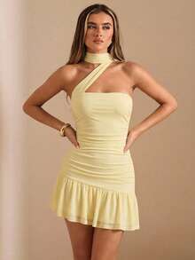 SHEIN BAE Spring/Summer Women's Solid Yellow Strapless Ribbon Ruffle Tiered Hem Mini Dress, Yellow Dress - Yellow - View 4