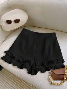 SHEIN Raffinéa Women's Black Classy Party Summer Flare Shorts,Elegant Waist Cinched Fitted 3D Frill Trim Zipper Button Real Pockets Chic Holiday Casual Shorts - Black - View 2