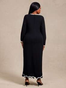 Radiana Curve Plus Size Women's Trimmed Round Neck Long Sleeve Fitted Elegant Dress Fall - Black and White - View 3