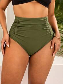 Slaydiva Plus Size Women's Solid Color Bikini Bottoms, Ultra High Waist, Ruched Tummy Control - Army Green - View 6
