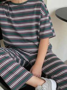 Tween女孩運動風條紋深綠色與粉色寬鬆T恤+寬鬆長褲套裝，休閒極簡開學穿搭，Y2K美式復古甜美風 - 彩色 - 查看 3