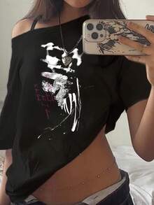 SHEIN EZwear 字母图案不对称下摆 T 恤 - 彩色 - 查看 7