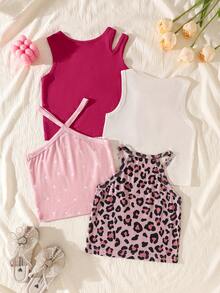 SHEIN Genkimix Kids 少女休閒百搭日常穿著上衣 4件/組 - 彩色 - 查看 2