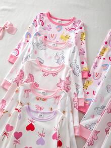 【5套隨機發送1套】貼身版女嬰睡衣套裝 修身長袖長褲 可愛甜點蛋糕星星月亮考拉獨角獸兔子奶牛熱門印花布料 舒適甜美女孩最愛的睡衣居家服 - 彩色 - 查看 6