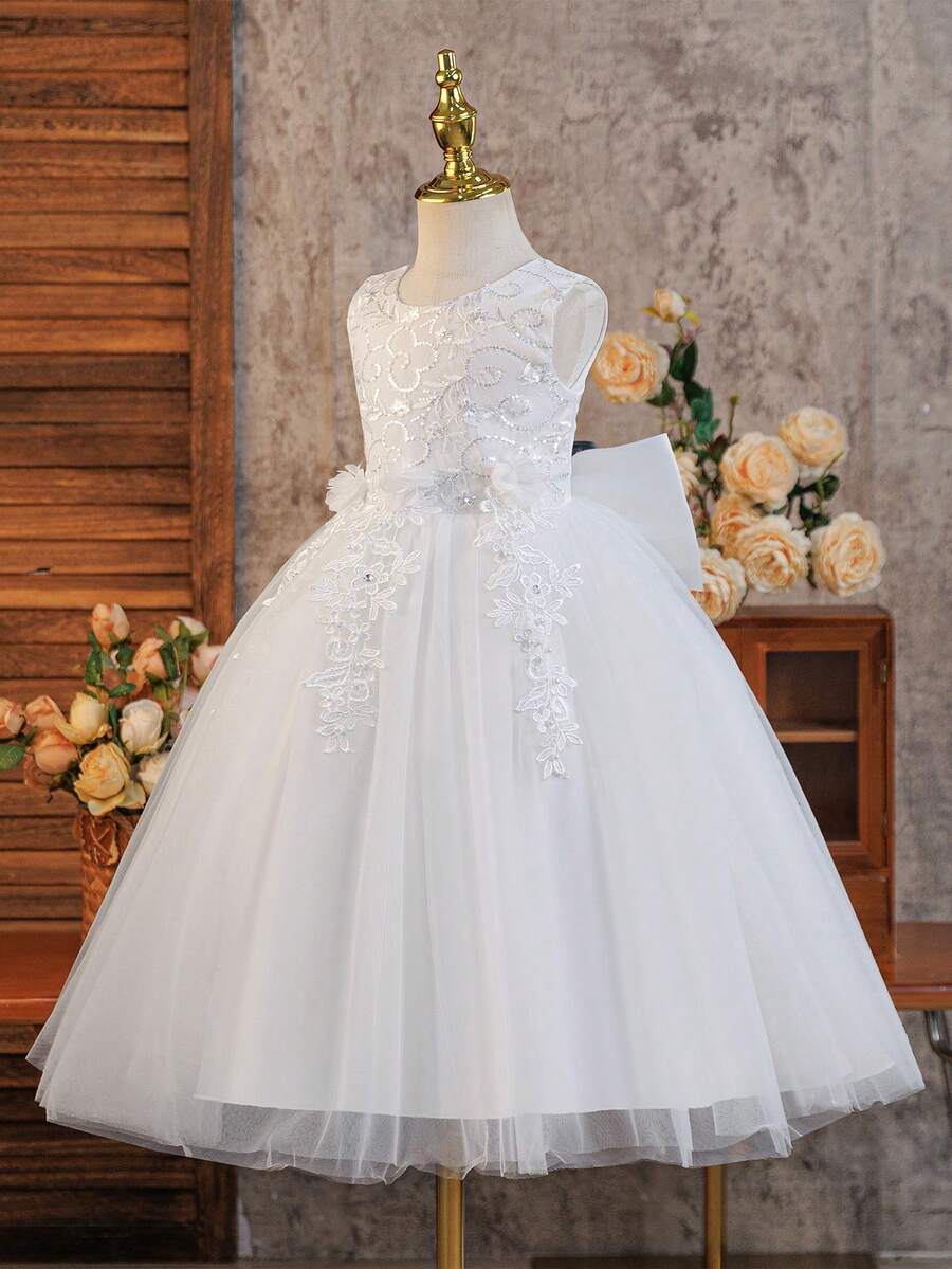 SHEIN Glamorique Kids 女童薄紗亮片刺繡洋裝，生日派對、婚禮花童公主風白色冬季婚禮禮服