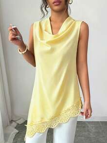 Elenzga Women's Sleeveless Cover Up With Draped Neckline And Lace Hem Splice Design, Elegant Vintage Style, Suitable For Commuting, Graduation Ceremony, Holiday Celebration, Music Festival, Mother's Day, Graduation Ball, Dating, Party, Wedding Season And Outdoor Activities, Asymmetrical Top, Asymmetrical Cover Up, Black Top, Women's Asymmetrical Cover Up, Lace Decor Top, Women's Top, Elegant Sleeveless Top - Light Yellow - View 3