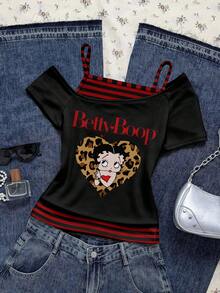 Attitoon Betty Boop x SHEIN 女士休闲复古撞色 Betty 豹纹爱心短袖T恤，颓废复古风，Y2K - 彩色 - 查看 1