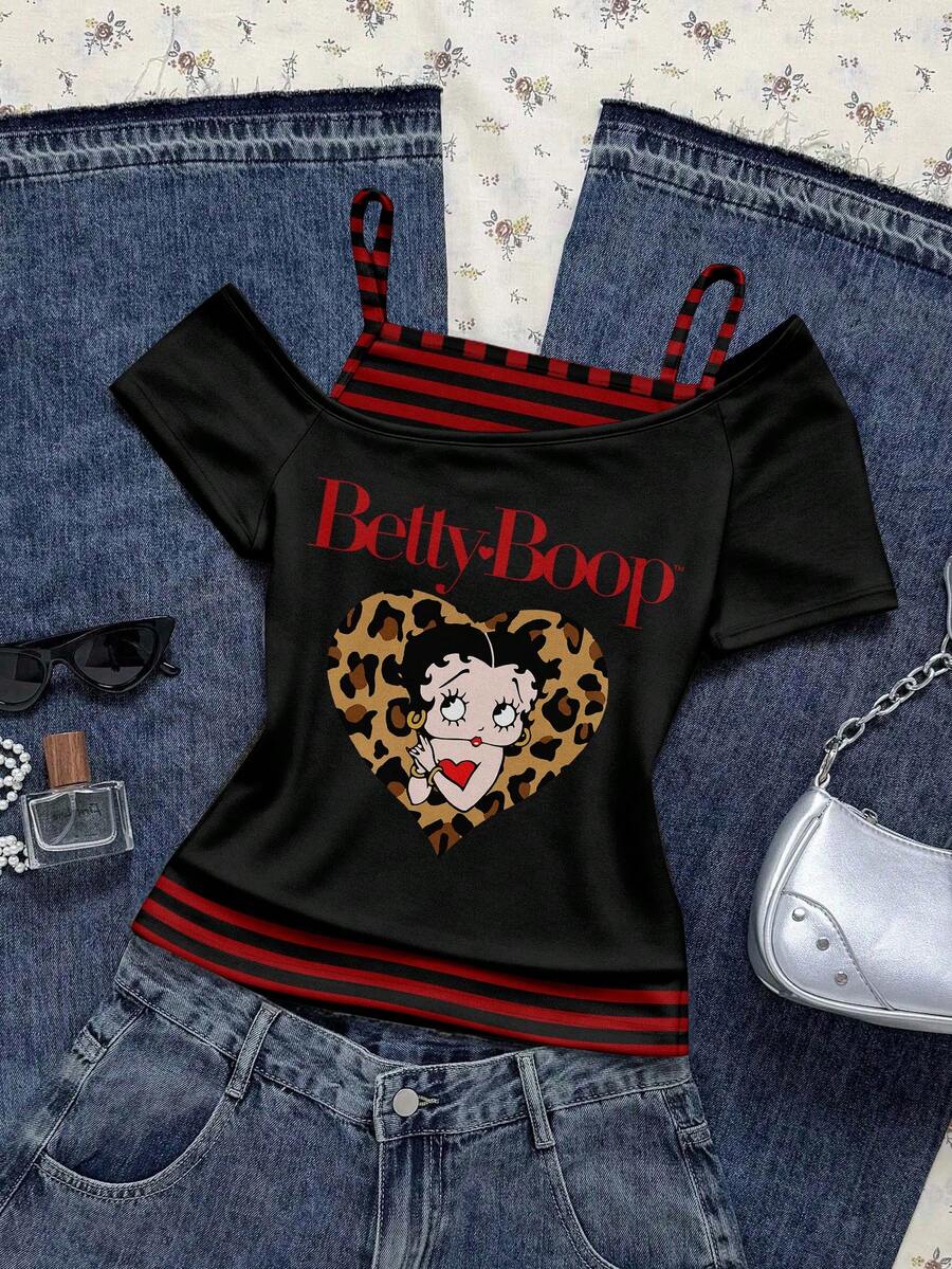Attitoon Betty Boop x SHEIN 女士休闲复古撞色 Betty 豹纹爱心短袖T恤,颓废复古风,Y2K - 彩色 - 查看 1