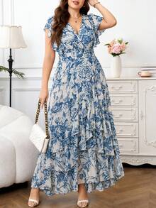 SHEIN Clasi 大尺碼夏季優雅碎花印花荷葉邊裙 - 藍白色 - 查看 2