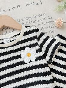 SHEIN Baby Girl Knit Striped Round Neck 3D Floral T-Shirt And Long Pants 2 Pieces Set - Black - View 5