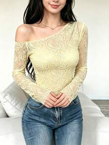 Modelyn 花卉印花淺杏色不對稱單肩收腰網紗上衣，優雅性感風透視網紗襯衫，女款時尚不對稱領長袖修身上衣，夏季氛圍成熟顯瘦上裝，適合日常與外出穿搭 - 彩色 - 查看 5